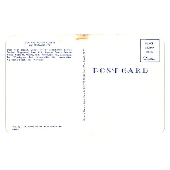 Vintage Tourinns Motor Courts Postcard AAA Superior Courts Air Conditioned Motel - Picture 2 of 2